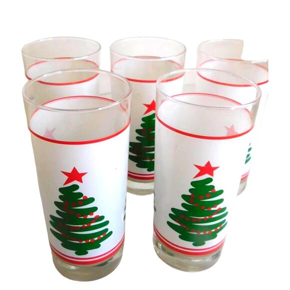 Vintage Libbey Christmas Tree Holiday Drinking Glasses Tumblers Set of 5 - Picture 1 of 6